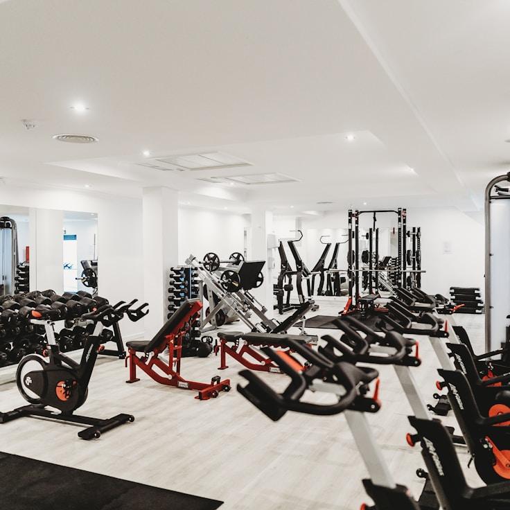 Professional gym interior featuring strength equipment